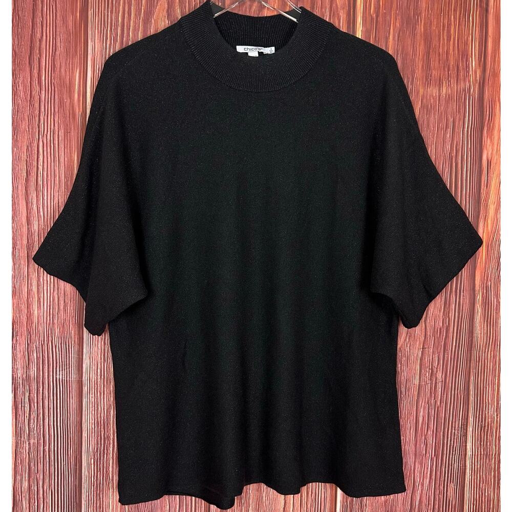 Chico's Black Shimmer Knit Top Mock Neck Metallic Short Sleeve Size 3 / US‎ XL